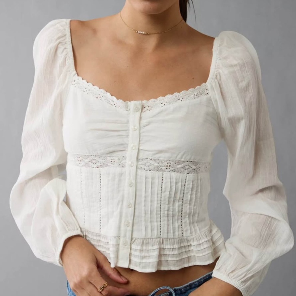 Women’s White Lace-Trim Peasant Blouse